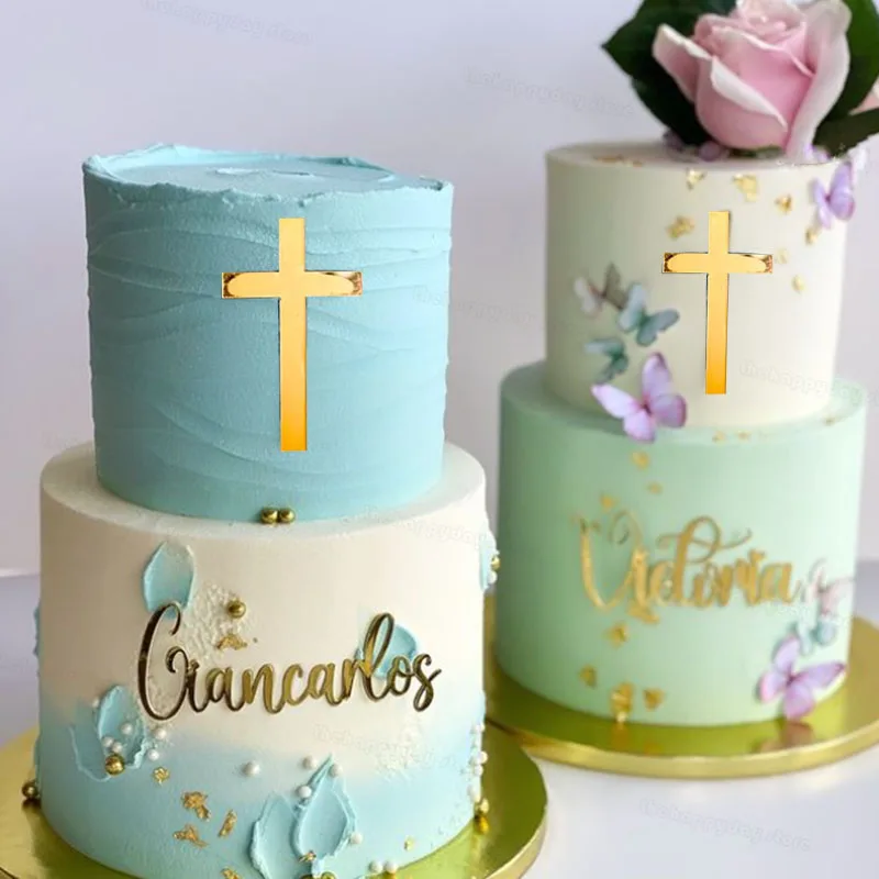 

16/2Pcs Baptism Cake Toppers Cross Cupcake Toppers Gold Acrylic Cross Cake Topper God Bless Baptism Christian Cake Decorations