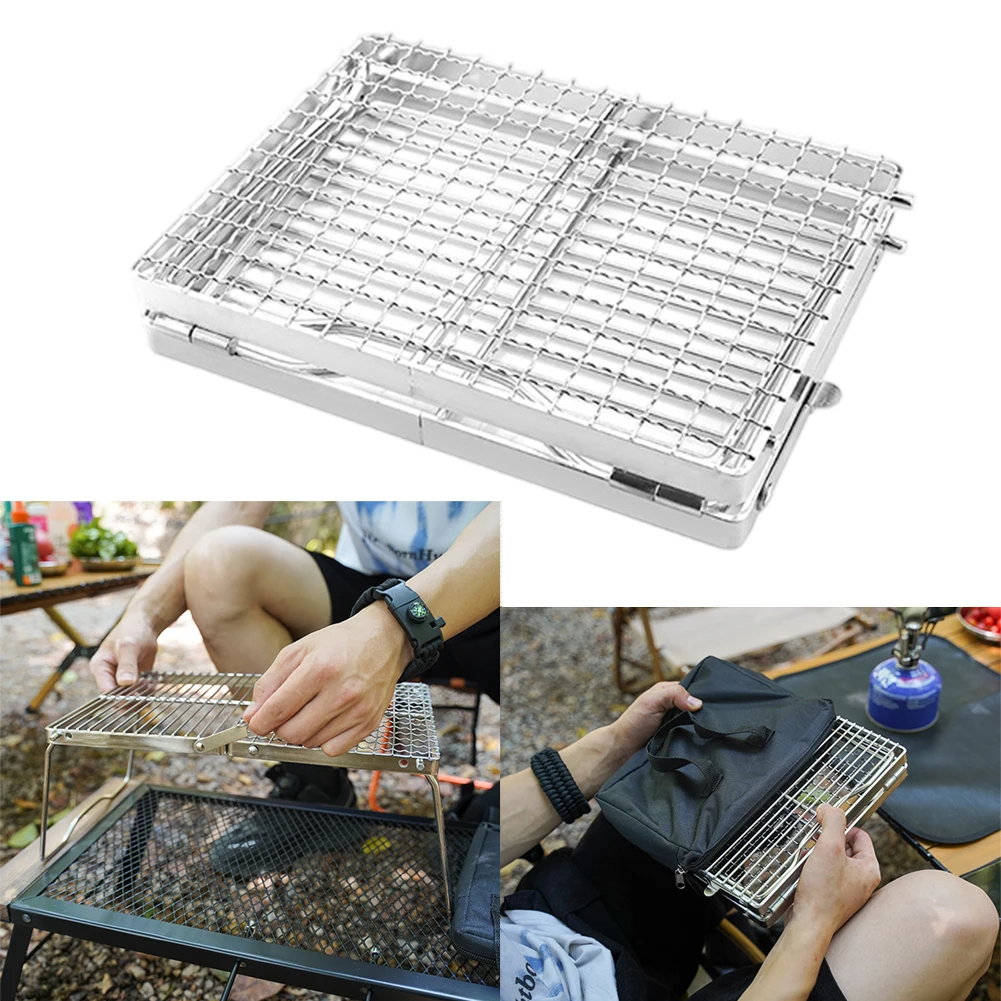 

Портативный складной гриль из нержавеющей стали для кемпинга, барбекю, приготовления пищи на природе, походов, пикников, костров, с сумкой для хранения