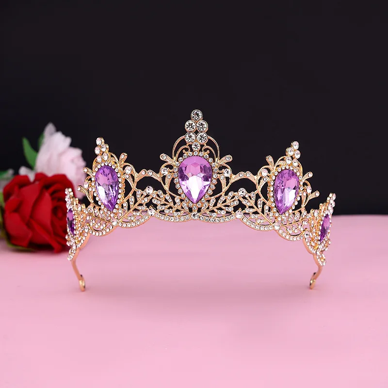 European and American Colored Rhinestone Bridal Crown Retro Style Gold Wedding Dress with Alloy Crown Headpiece Design