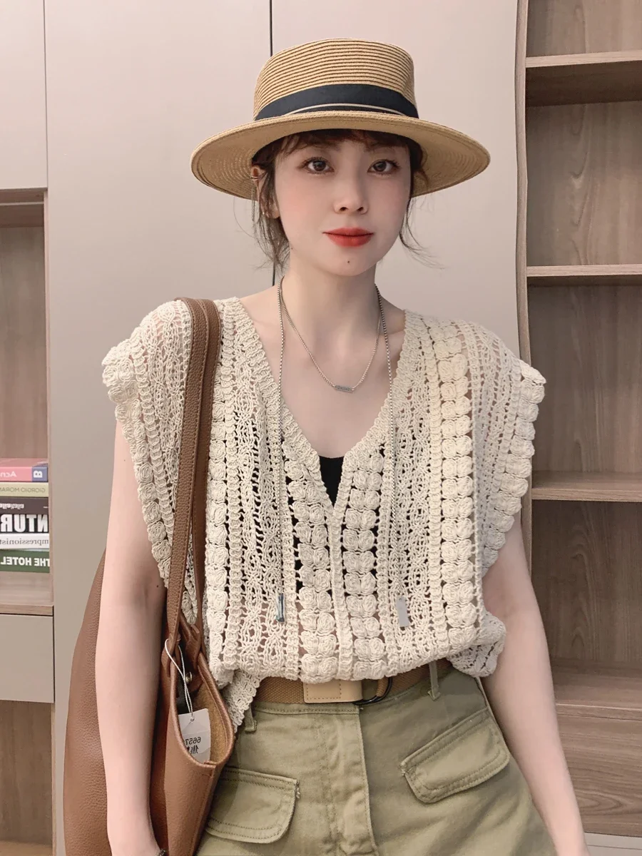 

Cotton Crochet Tops Sexy Knitted Hollow Out Sleeveless T-Shirts Loose Female Women Clothing 2024 Summer New Vintage Tees Femme