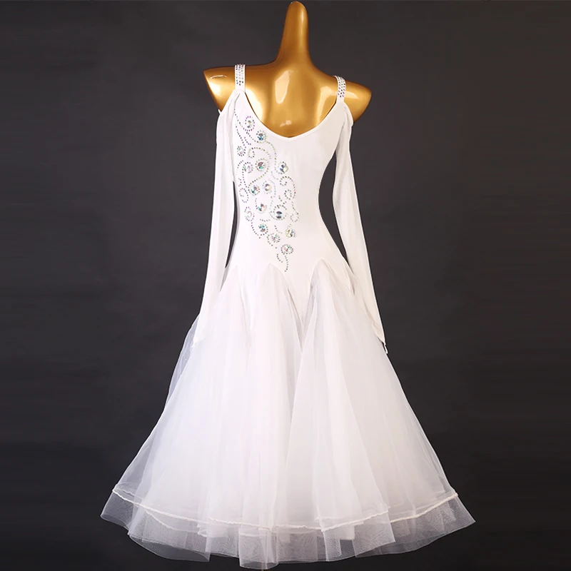 Ballsaal-Tanz-Wettbewerbskleid, königsblaues Sport-Tanzkleid, Strass, weißer Träger, Flamenco-Orange, langärmliges Kleid