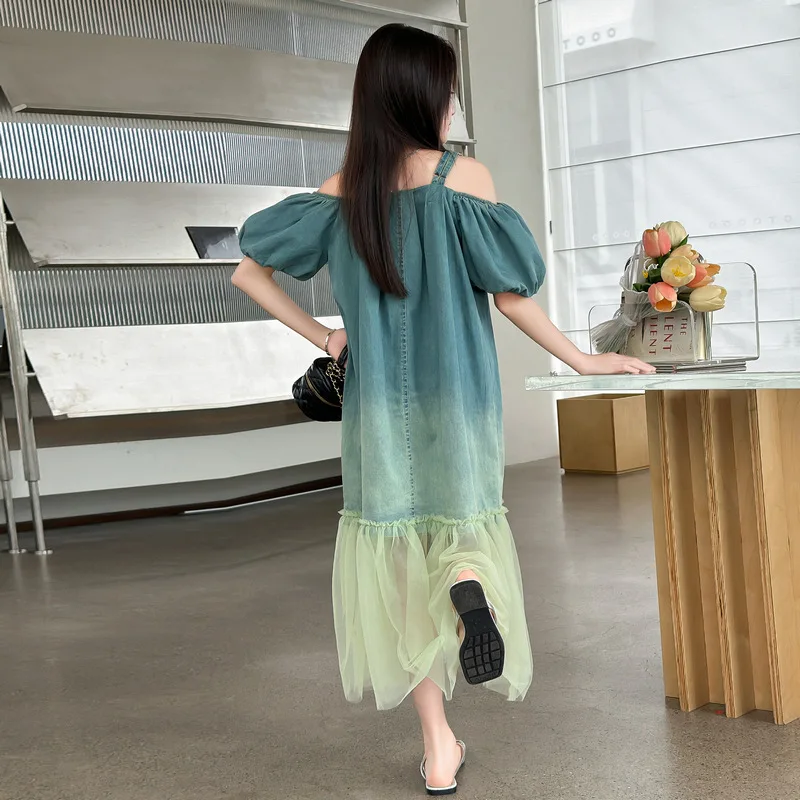 Kids Dresses for Girls Summer Shoulderless Denim Princess Dress Blue Fashion Casual Mesh Patchwork Vacation Dress Teen Clothes