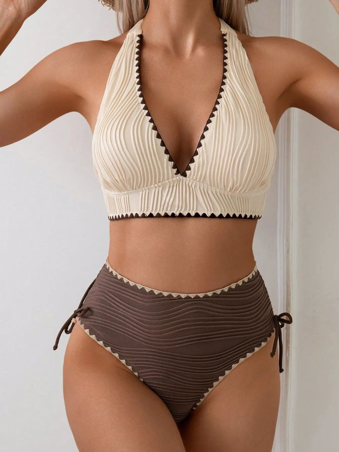 

2026 Women's Color Block Bikini Set Lace Trim Two Piece Swimsuit Summer Beachwear Summer Two Piece V Neck Solid Color Bikini Set