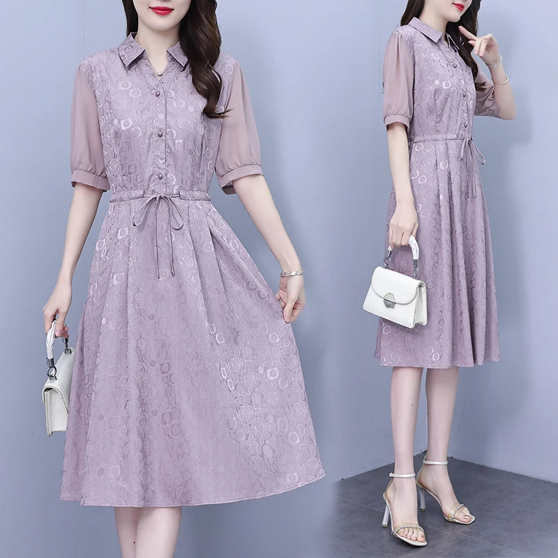 

2024 Summer New Purple Silk Short sleeved Dress for Women's Noble Waist and Slimming Mom's Wear Knee Length Skirt