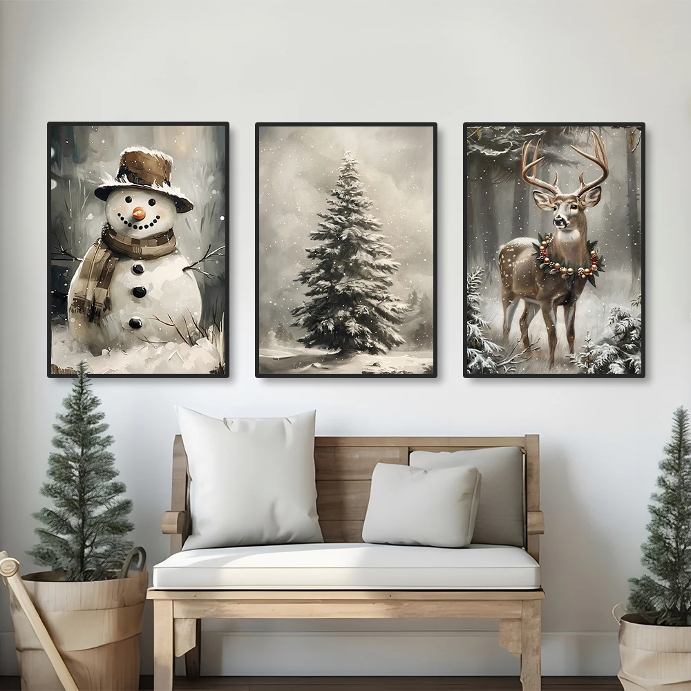 

3 set of Christmas wall decoration Christmas tree poster snow scene elk canvas printing poster merry christmas new year sign
