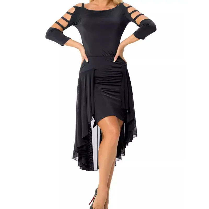gonna da ballo latino personalizzata con retro irregolare, lunga pratica, costumi da spettacolo, spacco in rete, rumba, samba, gonna corta, abiti da sera