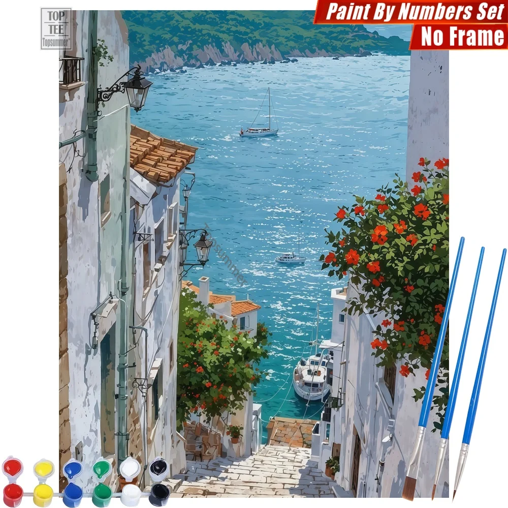 Kit de pintura al óleo digital de callejón mediterráneo con escaleras - pintura de flores marinas para decoración del hogar y dormitorio, regalo del Día de la Madre para esposa