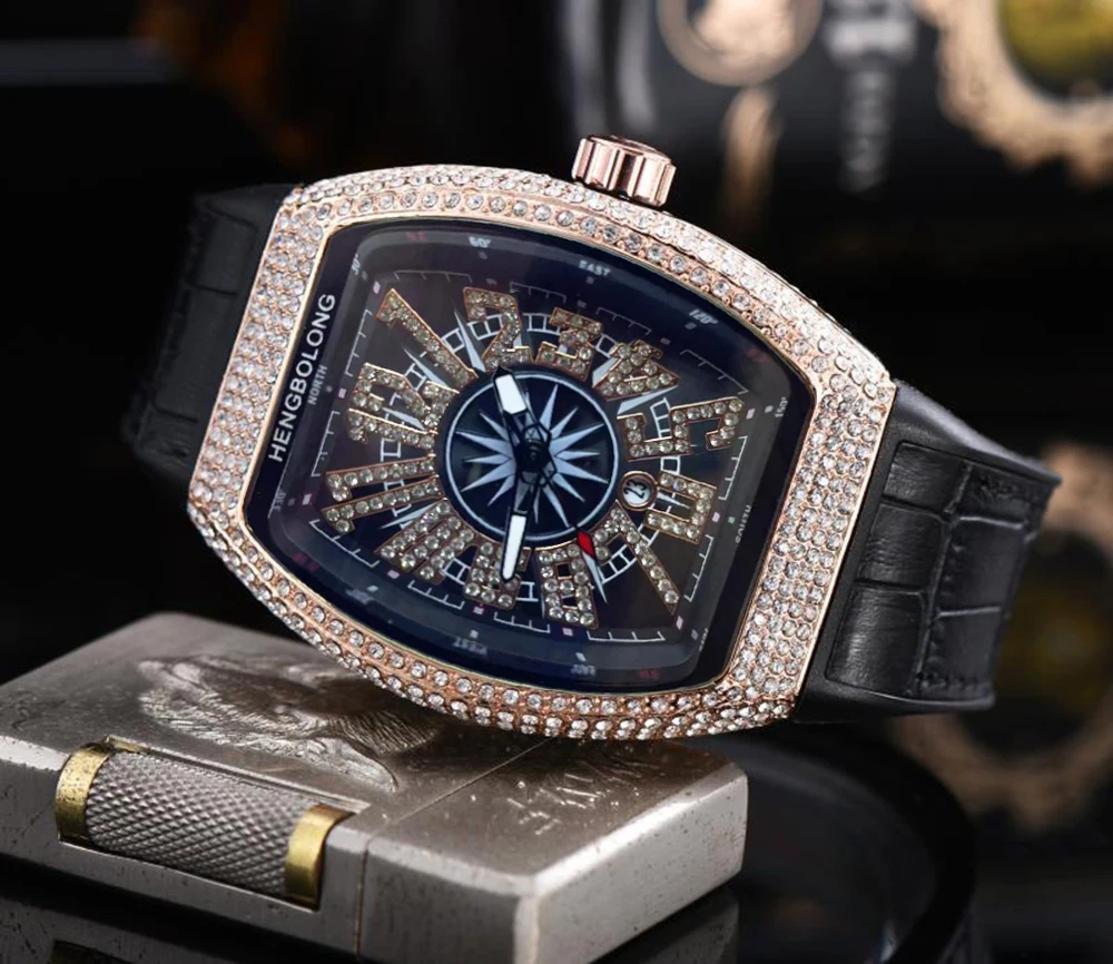 

ashionable luxury diamond inlaid watch leather strap tonneau large dial watch hollowed out Frank surface calendar quartz