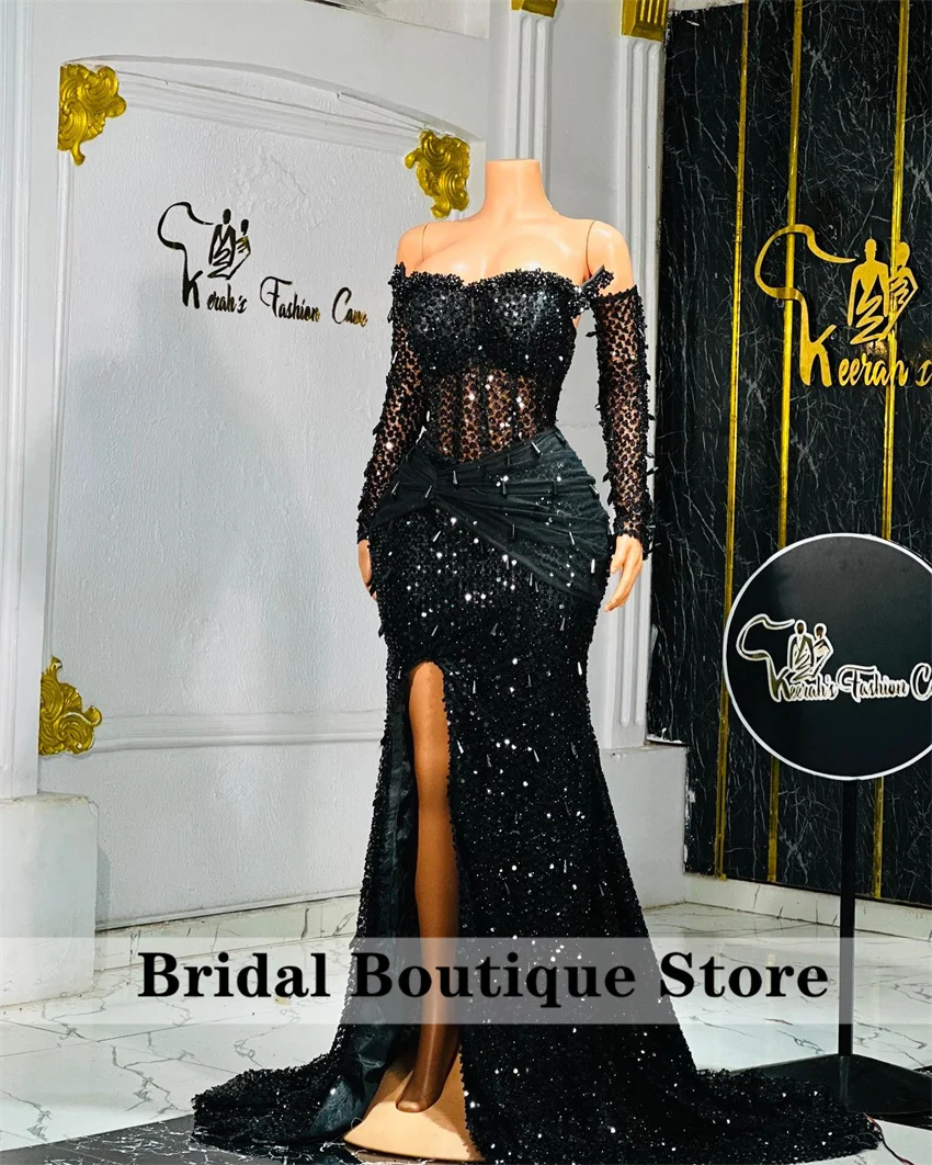 

Sparkly Black Beaded Mermaid Black Girl Evening Dresses 2025 With Gloves Women Prom Dresses Wedding Party Dress Customized