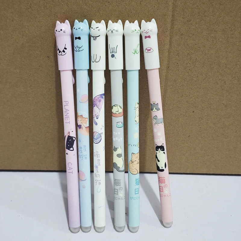 6Pcs 0.5mm Cute Cat Tail Erasable Gel Pen Set Blue Magic Refill School Office Stationery