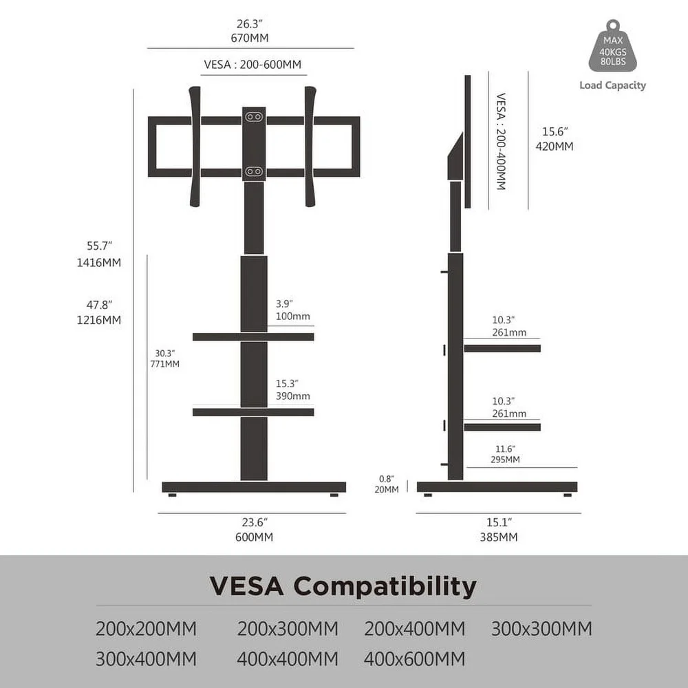 Sturdy Floor TV Stand 32-70 Inch TVs Adjustable Height Swivel Mount Holds 88lbs with Cable Management and Two Shelves