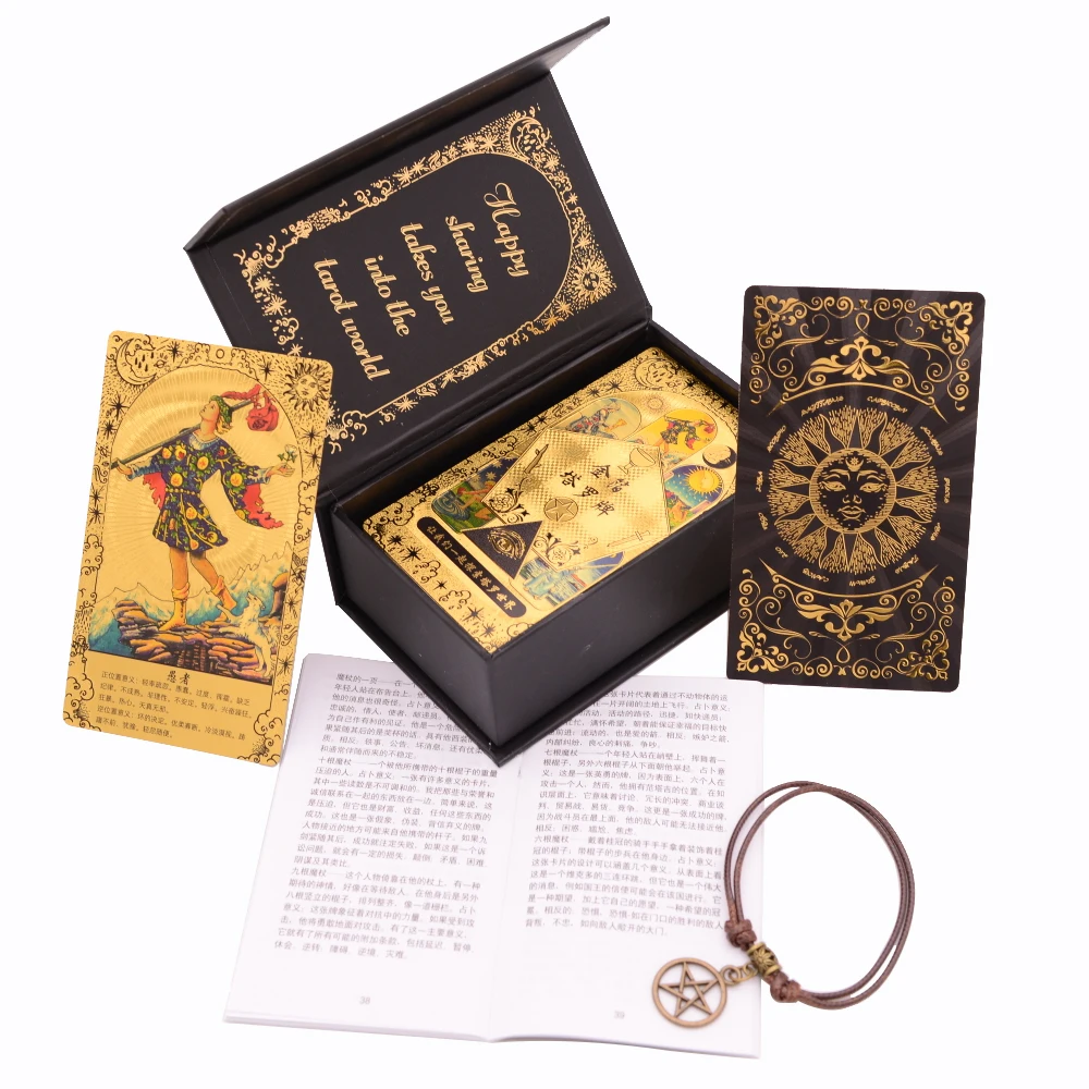 High Quality Laser Tarot Brand PVC Chinese Desktop Game Divination Card Gift Box Set with New Gold Stamping Waterproof Paper