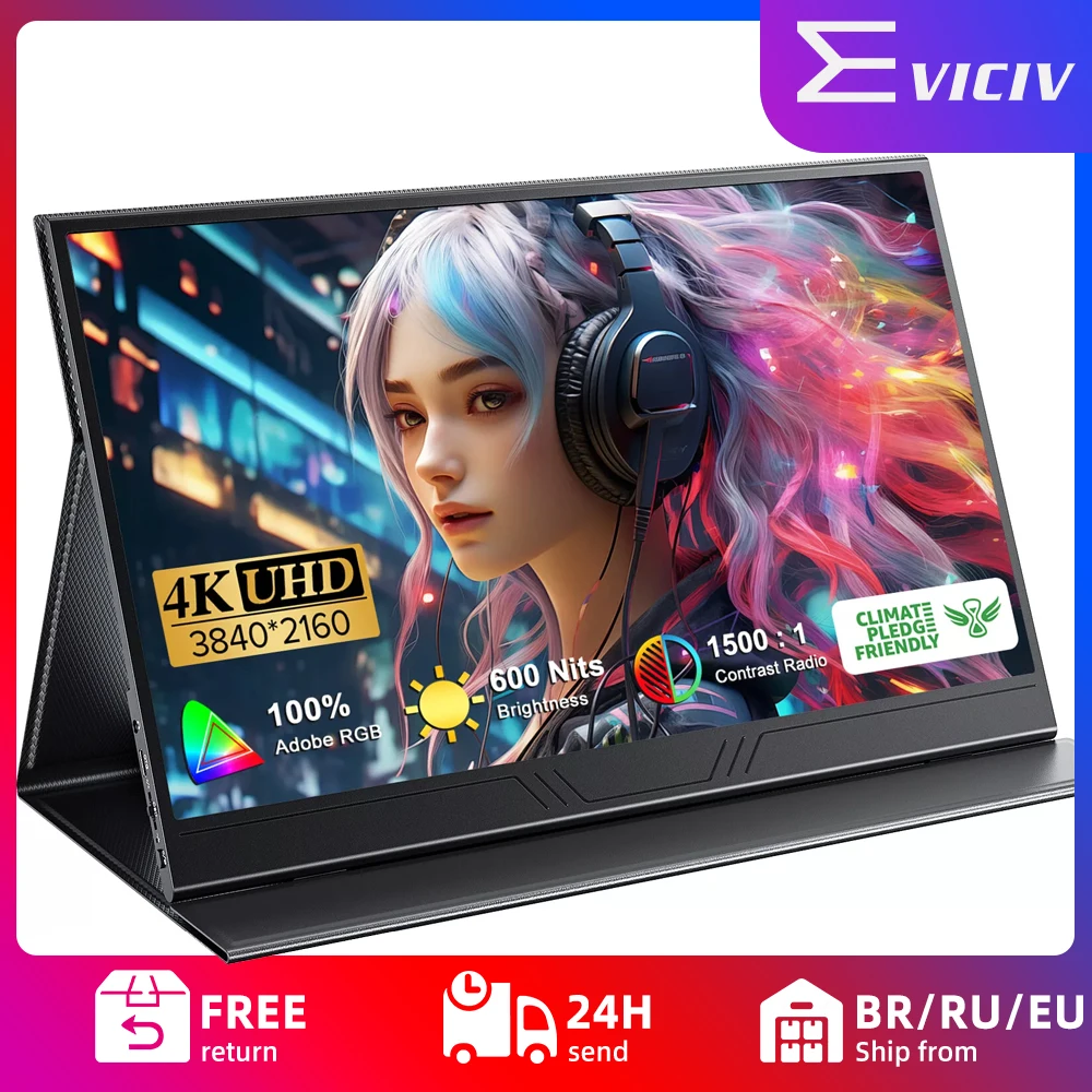 

EVICIV 4K Computer Display 15.6'' 3840x2160 USB C HDR FreeSync Dual Speaker Type-C HDMI OTG External Portable Monitor for Laptop