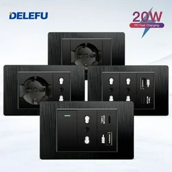 DELEFU Black PC Brushed Italy Chile USB TypeC Fast Charging Socket Schuko Tuya Wifi Smart Switch Sat TV Tel Doorbell Curtain
