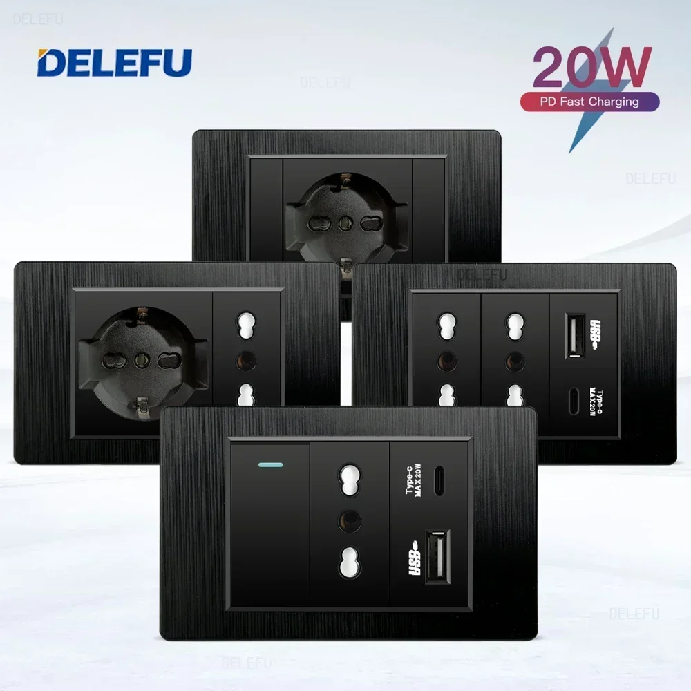 DELEFU Black PC Brushed Italy Chile USB TypeC Fast Charging Socket Schuko Smart Switch Sat TV Tel Doorbell Curtain