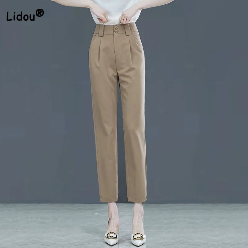 

2023 Spring Summer Thin Smoke Pipe Pants for Women Office Lady Button Solid Pockets Casual Straight Leg Cropped Suit Trousers