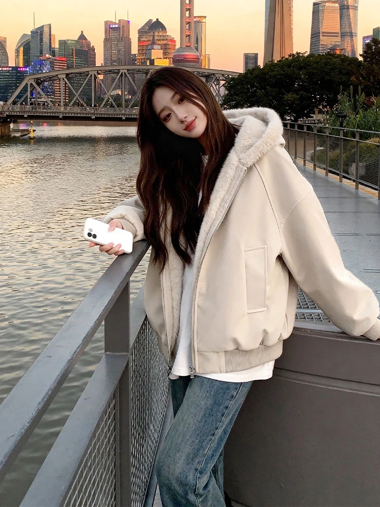 

Thiened American Sle с капюшоном на подкладке из хлопка, женское зимнее пальто из натуральной кожи и меха, теплая хлопковая одежда