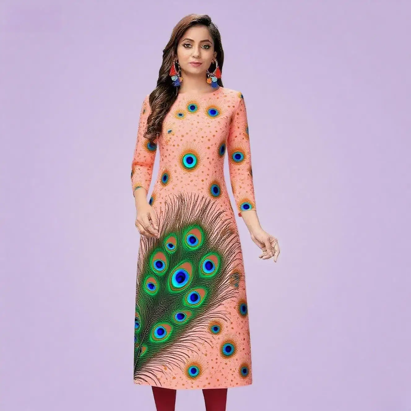 Kurt women's casual fashion dress long sleeved straight tube casual ethnic peacock round neck regular size design sense