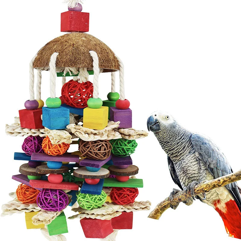 

Large Parrot Chewing Toy-Natural Wooden Blocks Rattan Ball Tearing Toy Bird Cage Bite Toy For African Grey Macaws Cockatoos