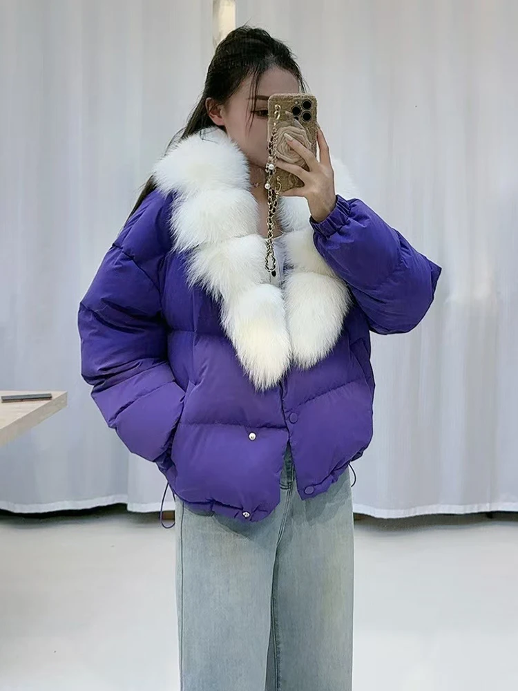 2024 Autumn Winter Big Natural Fox Fur Collar Coat Women Female Parkas Goose Down Jacket Feather Short Puffer Coat