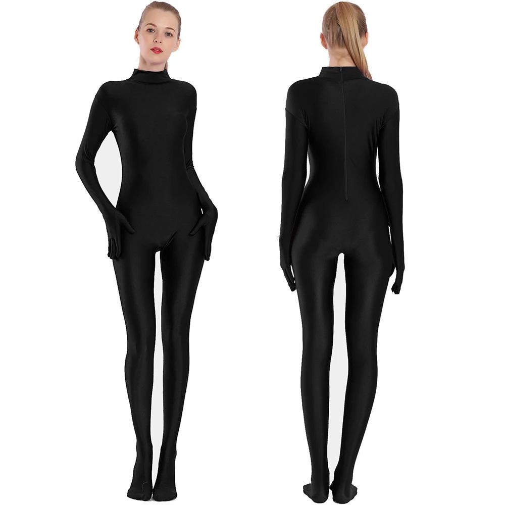 AOYLISEY adulto nero Spandex completo corpo Zentai tuta con piedi tuta Unisex donna mano Unitard pelle stretto Costume di Halloween