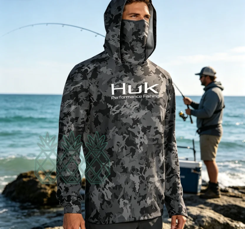 Camisa de Pesca HUK com Capuz, Manga Longa, Máscara Facial, Roupas de Pesca com Proteção UV, Camisas de Pesca Respiráveis