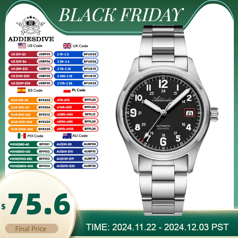 ADDIESDIVE New Automatic Watch For Men 39mm Luxury Sapphire AR Coating 200m Waterproof 316L Stainless Steel BGW9 Luminous Watch