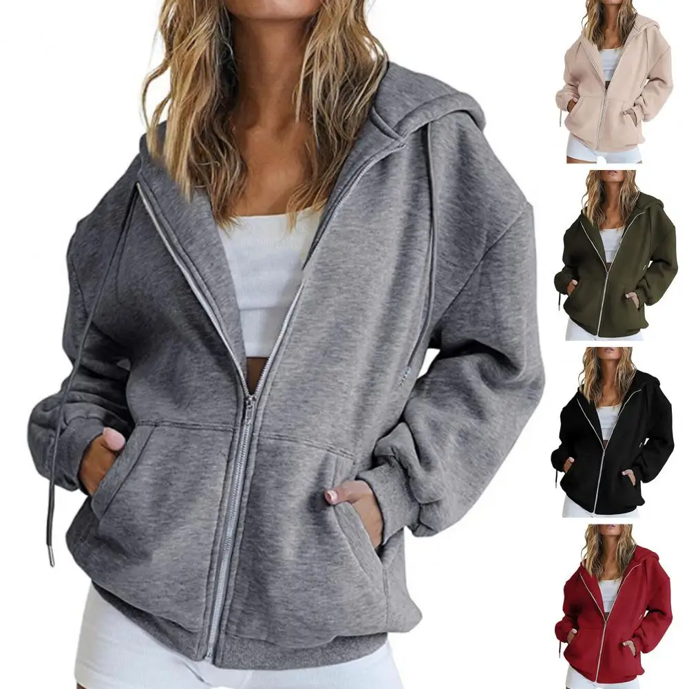 Trendy Women Autumn Coat Solid Color Warm Sweatshirt Pure Color Women Hoodie Coat