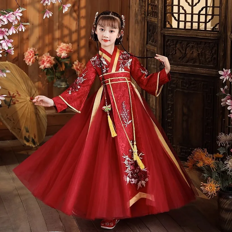 Chinese Hanfu Dress Girls Ancient Traditional Embroidered Dance Carnival Fairy Cosplay Costume Kids Chinese New Year Clothes