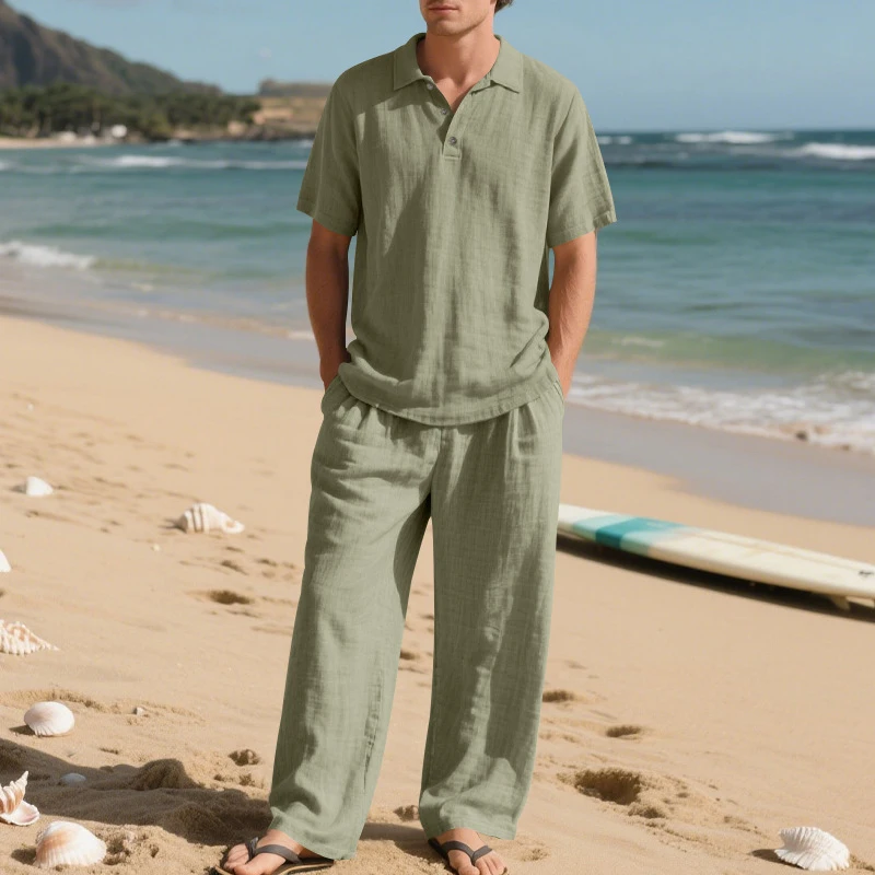 

Летняя пляжная повседневная льняная одежда, мужская винтажная рубашка-поло с короткими рукавами и брюки на пуговицах, мужские комплекты из двух предметов, модные свободные костюмы