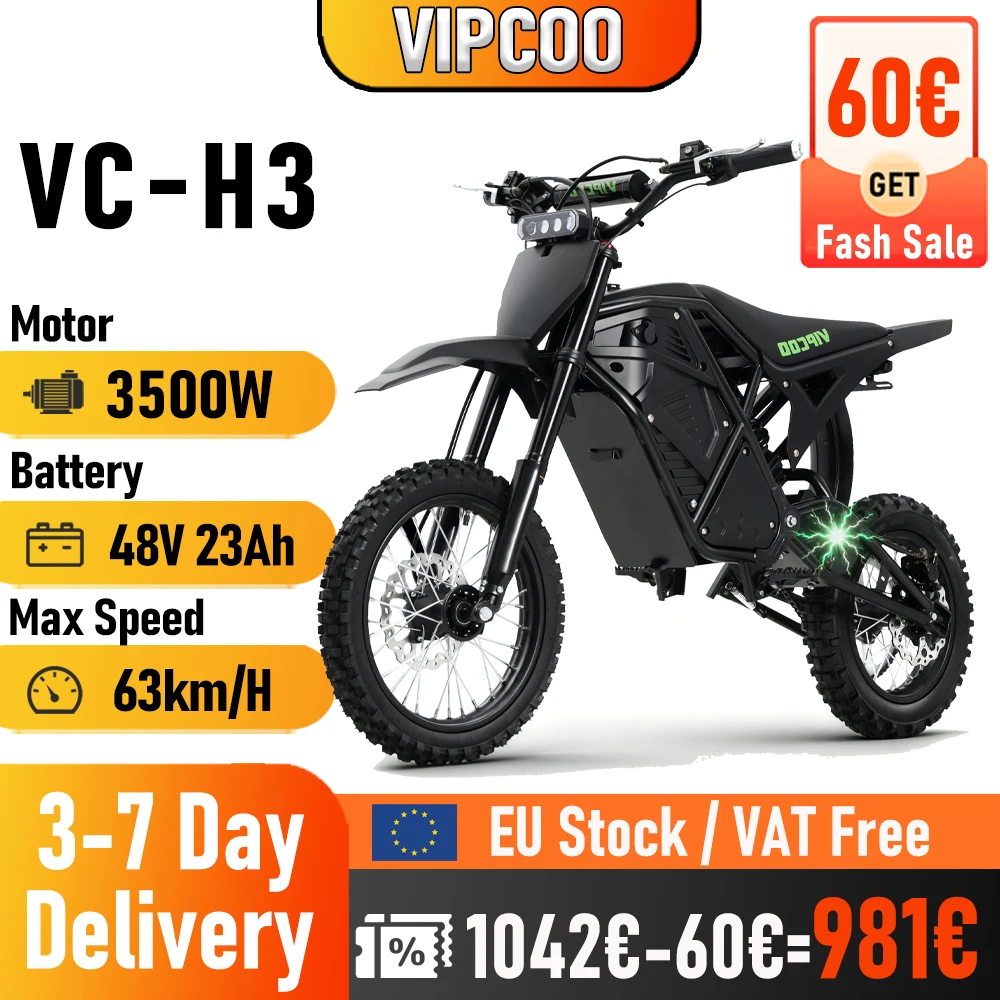Electric Dirt Bike VIPCOO H3 3500W 48V 23AH Adult Electric Motorcycle Off Road Bike with Fat Tires Nitrogen Suspension Motocross Bike for Teenagers and Adults