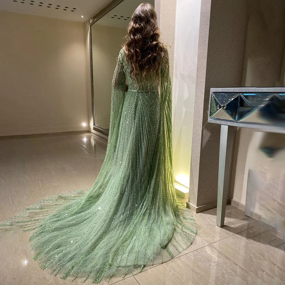 Hot Sale Mint Cape Sleeves A Line Beaded Luxury Dubai Evening Dresses Long 2023 Celebrity Gowns For Woman Party LA71865