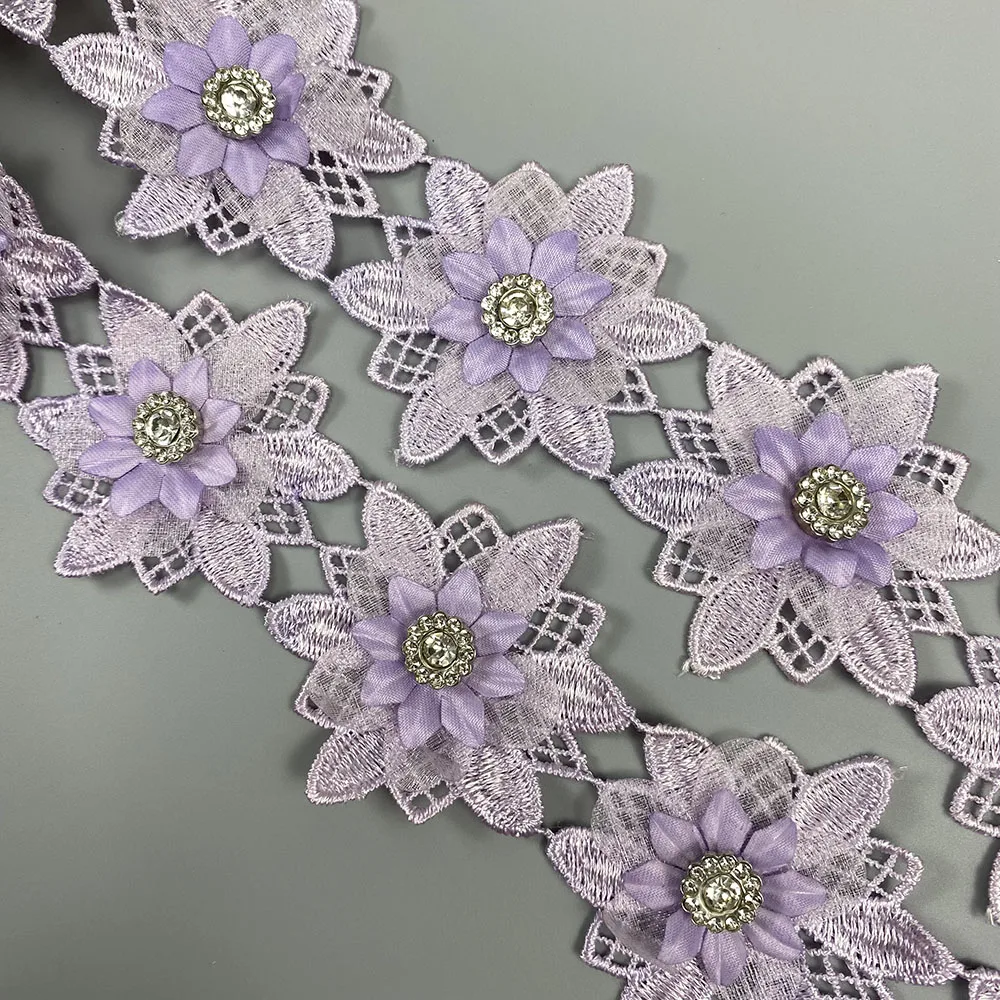 10Pcs Purple Flowers Lace Trim Embroidered Fabric Diamond Sewing Supplies Craft For Costume Clothes Hat Wedding Dress DIY Decor