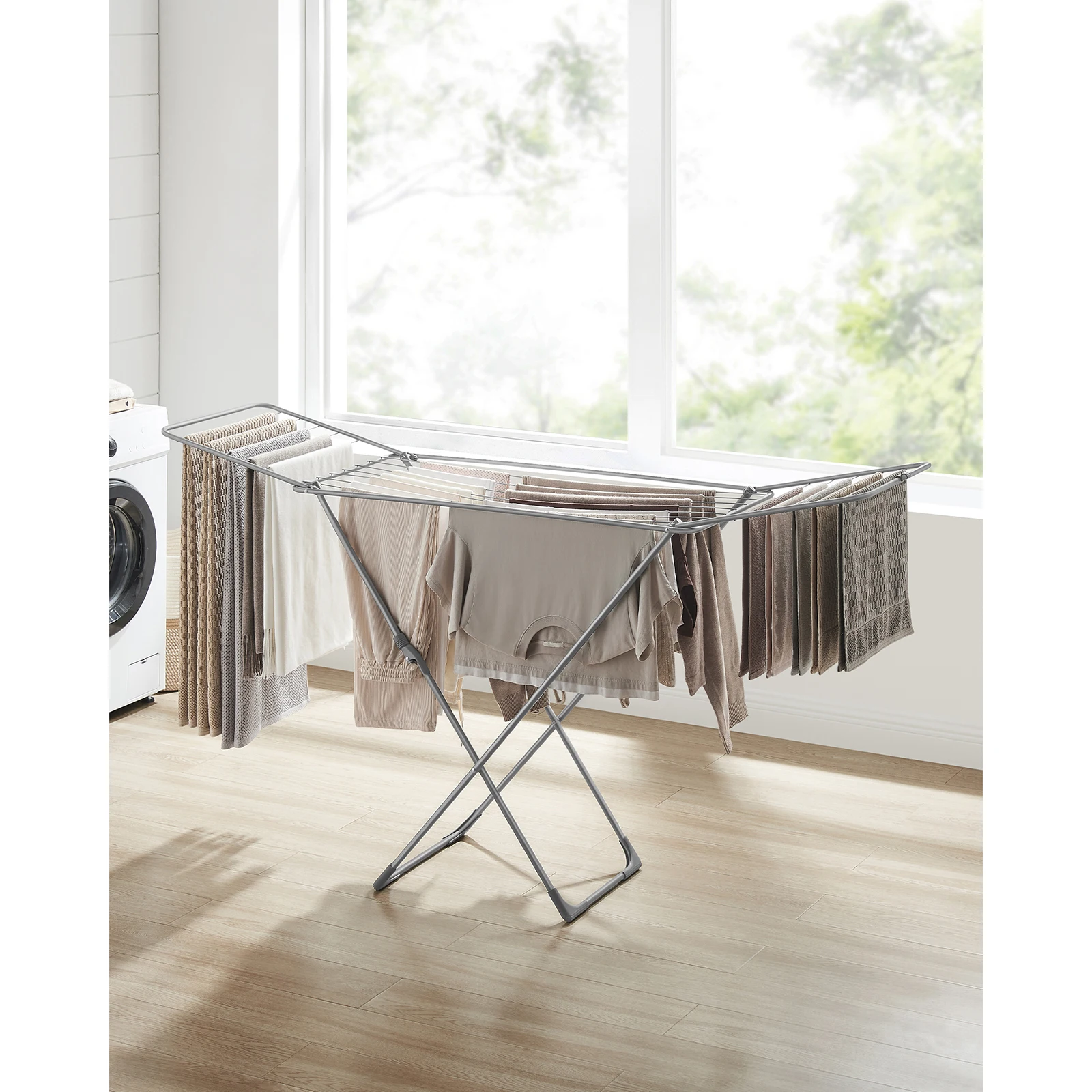 SONGMICS Clothes Airer, Foldable Clothes Drying Rack, Clothes Horse with Gullwings, Free-Standing Laundry Rack