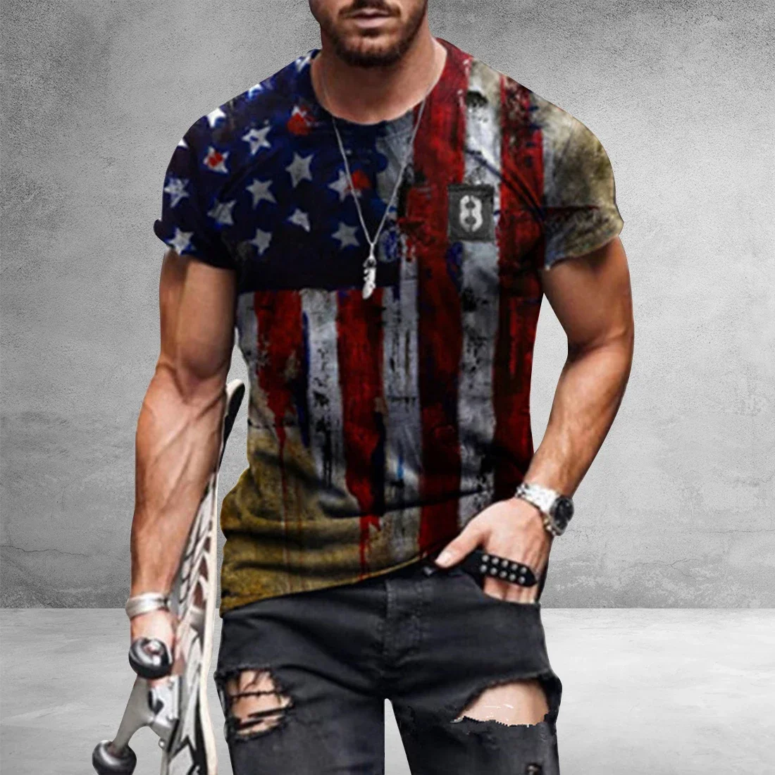 

Camiseta estampada com bandeira americana masculina, gola redonda, musculo grande, roupas de streetwear, verao, 2024