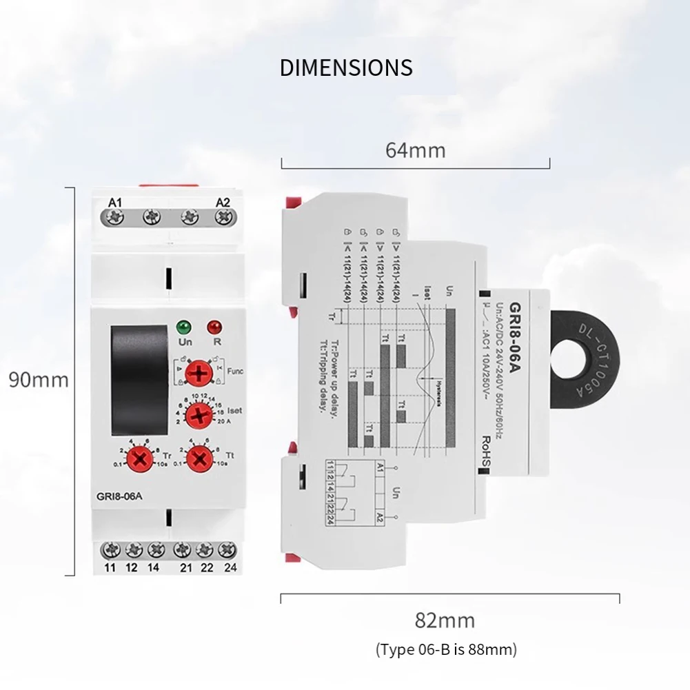 1PC GRI8-06A AC Current Monitoring Relay With Over/Under Current Sensor And LED Indicators For Industrial Application Parts