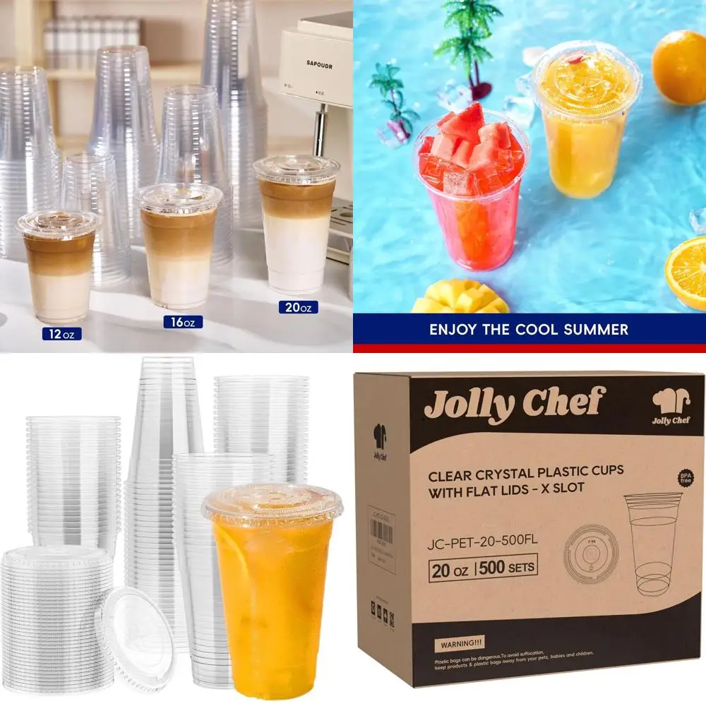 

20 oz Clear Plastic Cups with Flat Lids - Disposable Cups for Iced Coffee, Smoothies, Cold Drinks, and Parties