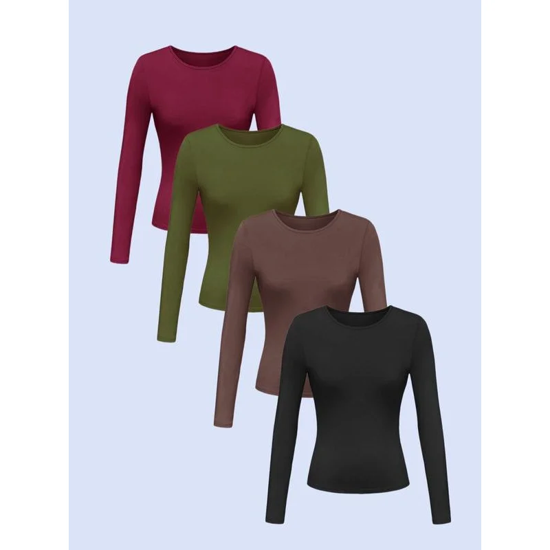 Women's Solid Color Simple Minimalist Long Sleeve Round Ne Tee, Casual Crew Ne T-Shirt for Spring & Fall, Ba-to-School Clothing,