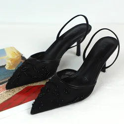 2026 New Black Woman Embroidered Mesh Open Heel Shoes Fashion Print Stiletto Women High-heel Sandals Sexy Pointed End Pumps