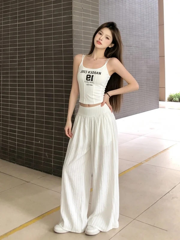 

Summer Pure Desire Letter Print Halter Top Women's High Waist Drapey Wide Leg Pants Slimming Casual Two-Piece Set