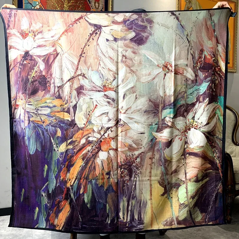 High-end Elegant Women's Flower Oil Painting Double-sided Print Quality Silk Wool Hand Rolled Edge Large Square Scarf Shawls