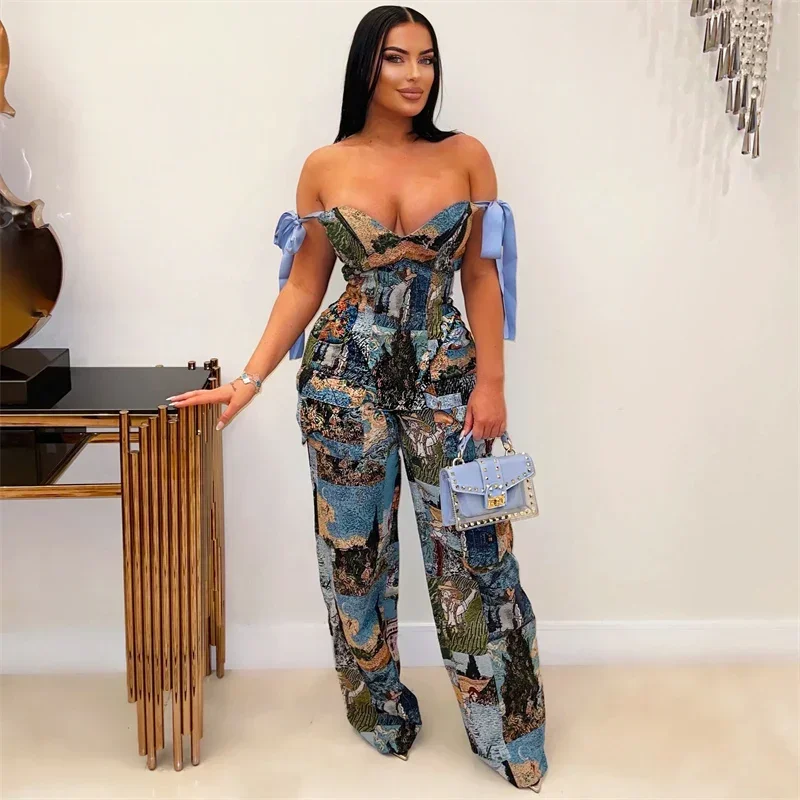 

Sexy Leopard Print 2 Piece Set Woman Birthday Off Shoulder Lace-up Bandage Top and Wide Leg Pants Matching Sets Outfits Club