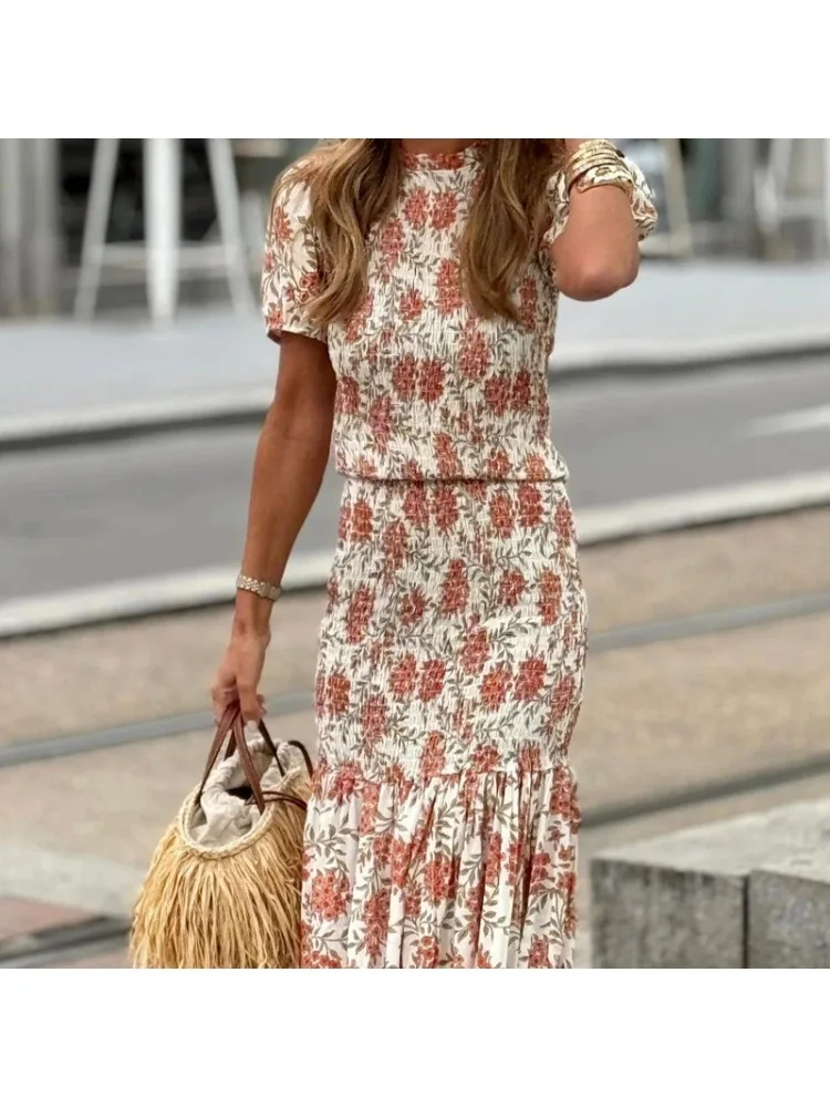 

Women O Neck Short Sleeve Draped Long Dress Vintage High Waisted Long Dress Elegant 2024 Summer Floral Print Pleated Party Dress