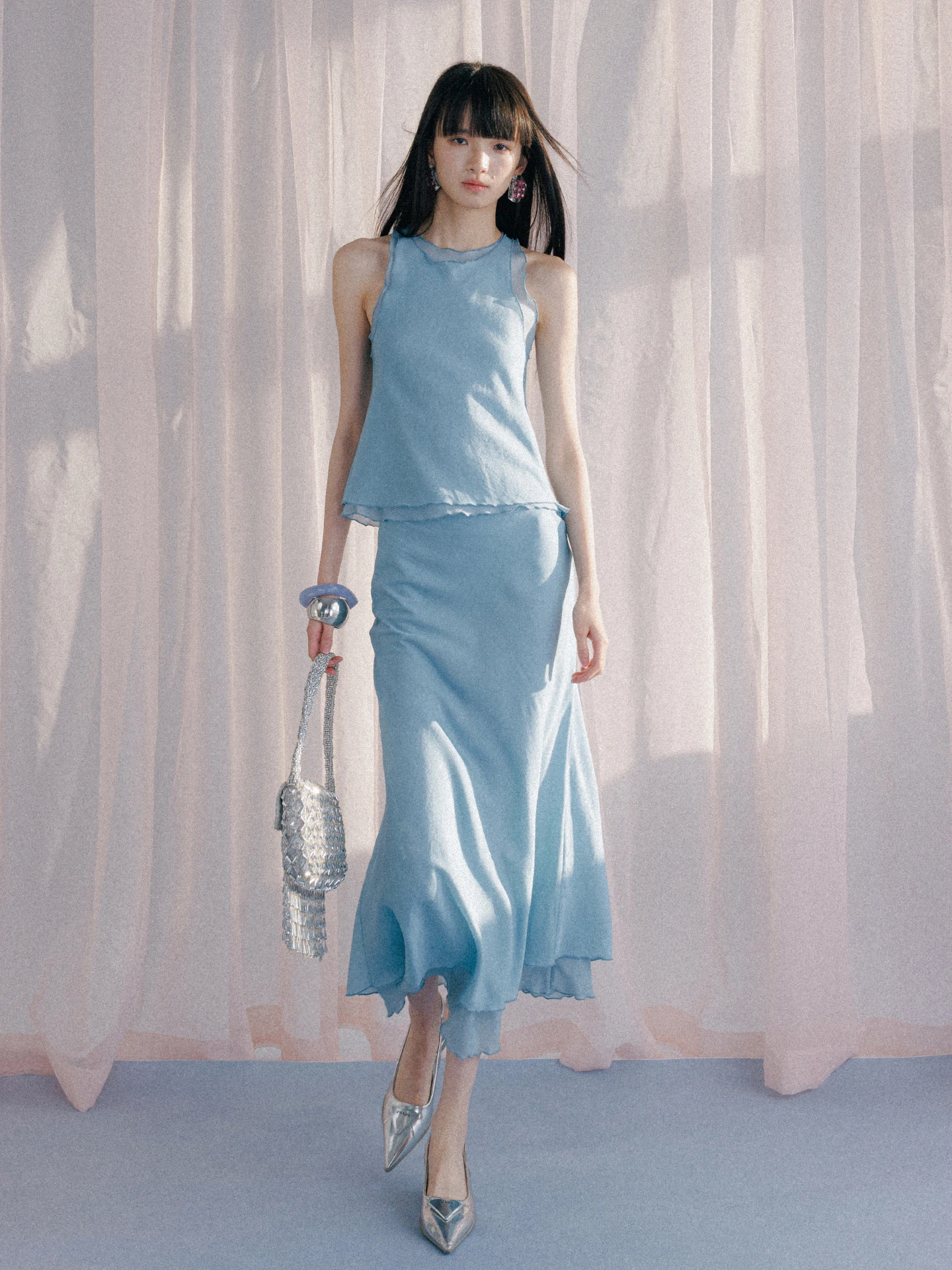

Elegant Double Layered Silk Acetate Dress Vacation Long Dress Original Design Sensation Color Touring around the World