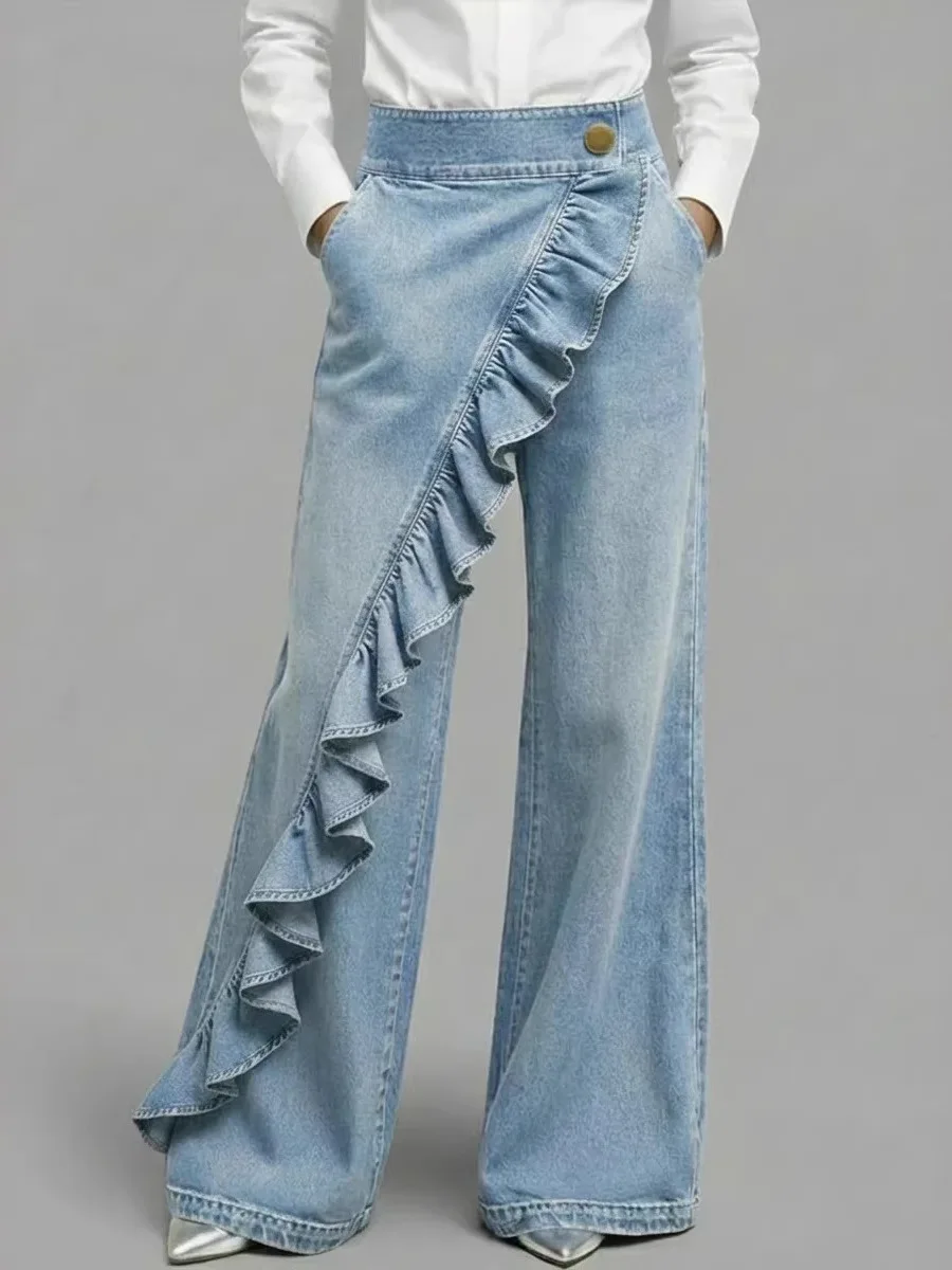 

High Waist Asymmetric American Style Denim Jeans Summer New Arrival Women's Jeans Retro Vintage Long Pants Polyester Fiber
