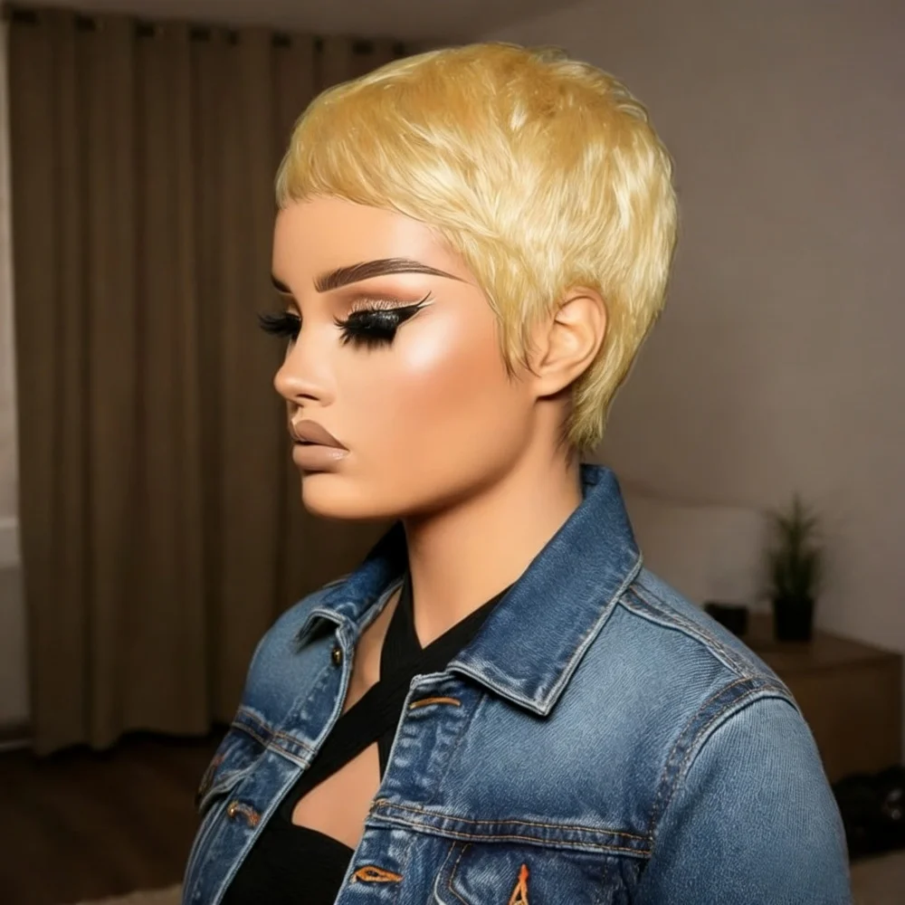 

Парик пикси для женщин, из натуральных волос, прямой, многослойный, машинной работы, короткий