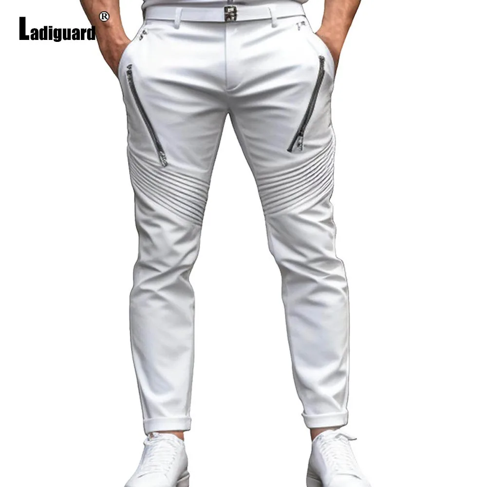 2025 Men's Stand Pocket Casual Street Pencil Trousers Solid Color Zipper Cuff Pants Men Vintage Mid Waist Motocycle Hotpants New