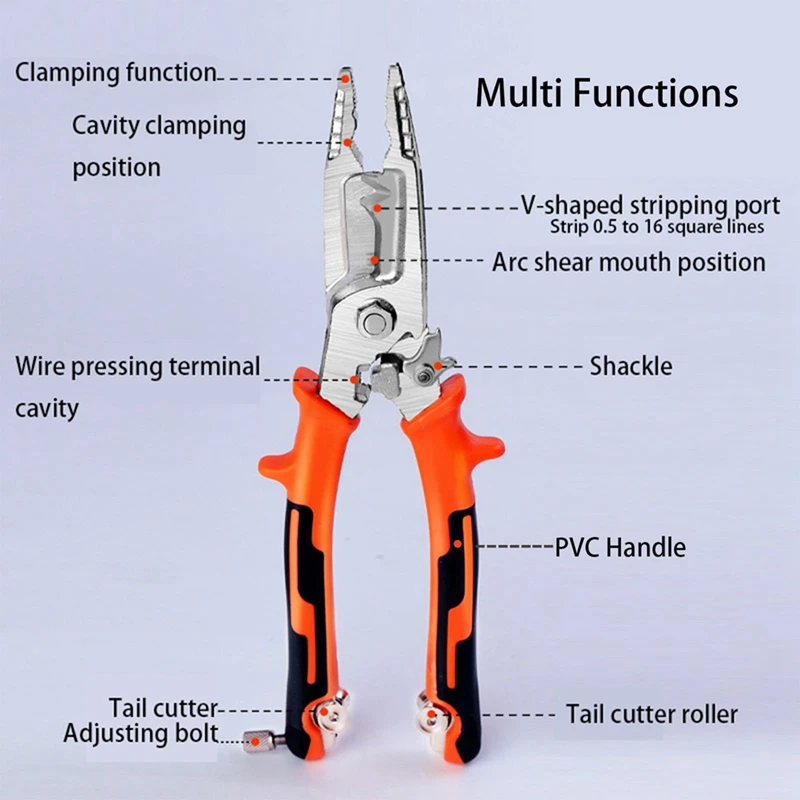 Orange Wire Stripper Pliers Tool With Tail Cutter, 8Inch Multifunctional Wire Stripping Crimping Tool For Electrician & Lineman