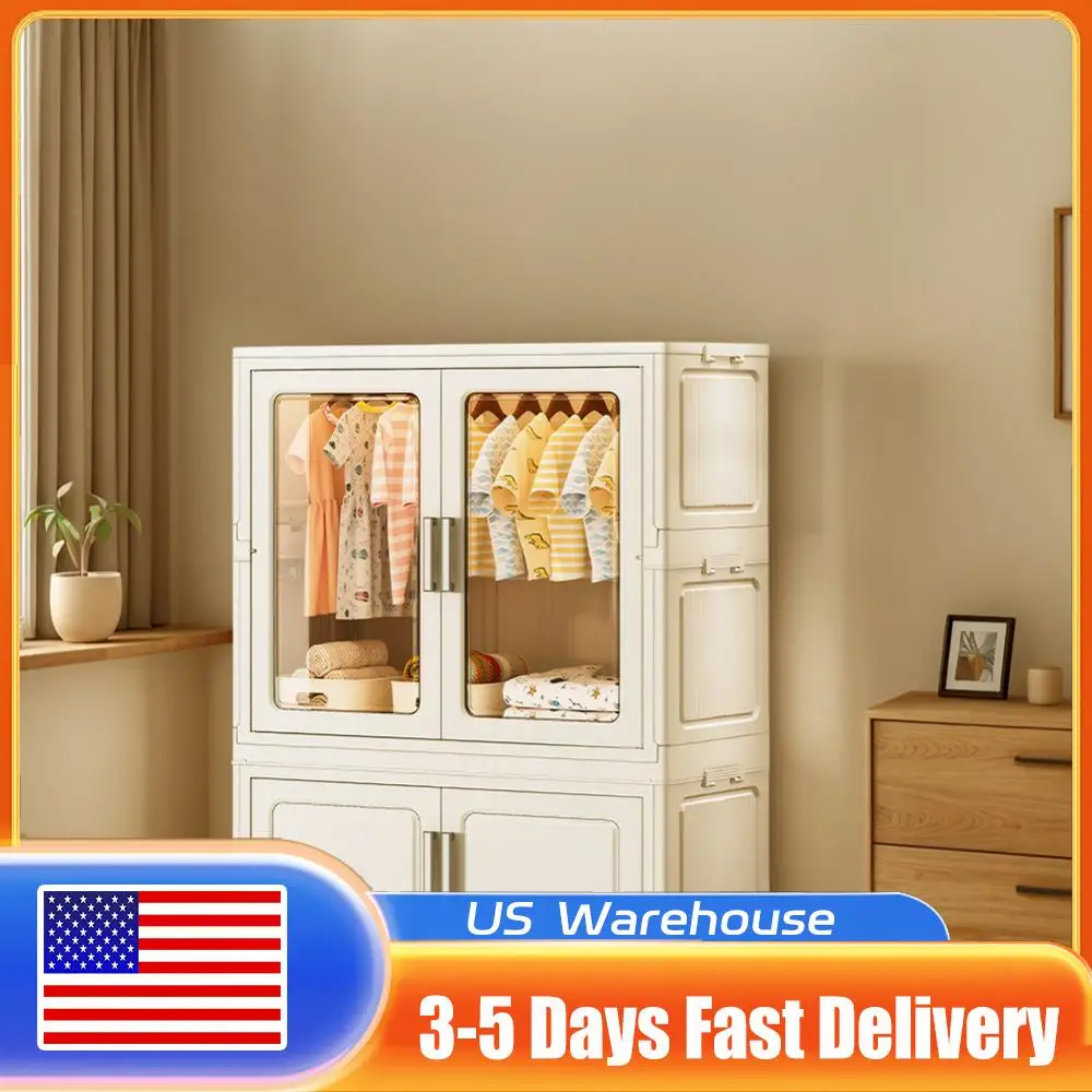 

Mobile Wardrobe Foldable Closet with Haging Rod & Cabinet Clothes Organizer with Wheels & Clear Window for Bedroom Living Room