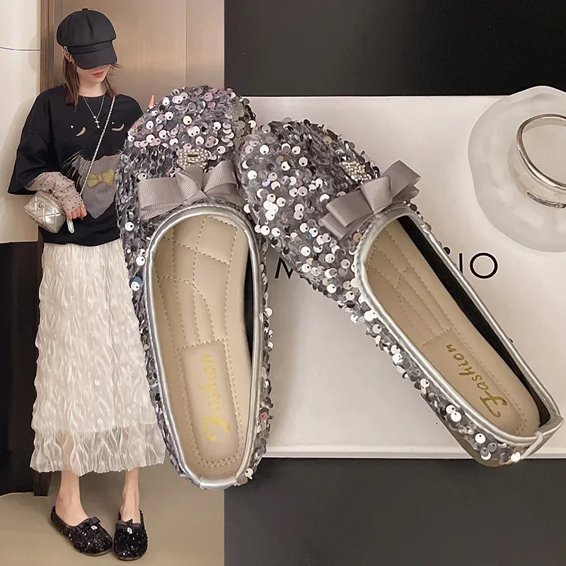 

Блестящие тапочки с блестками, женские повседневные летние сандалии в стиле ретро на плоской подошве с узлом-бабочкой, полуслипоны, вечерняя обувь